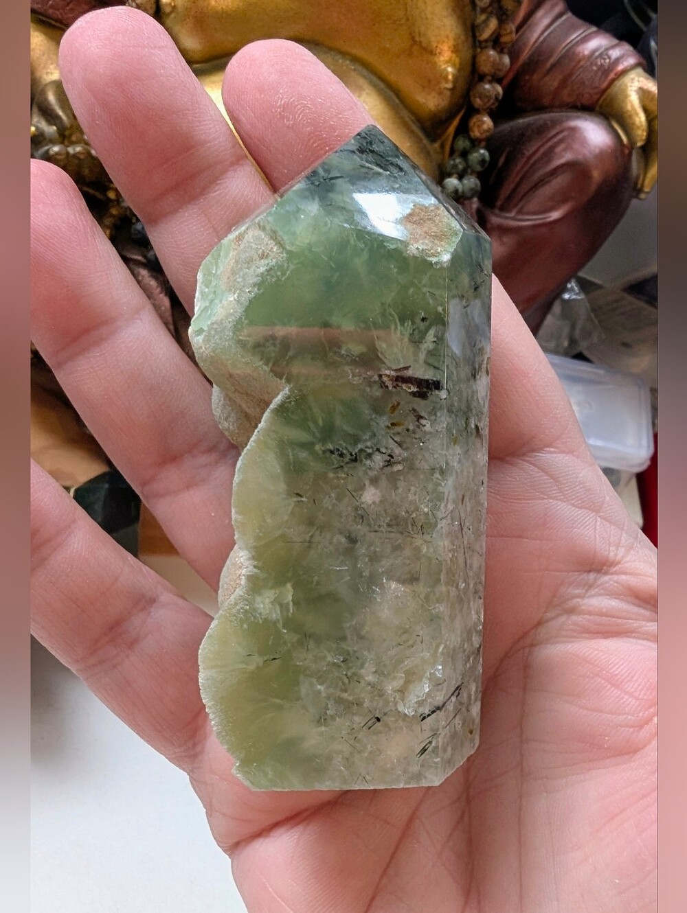 Rare Green Polished Quartz Crystal Point With Rutile Inclusions
